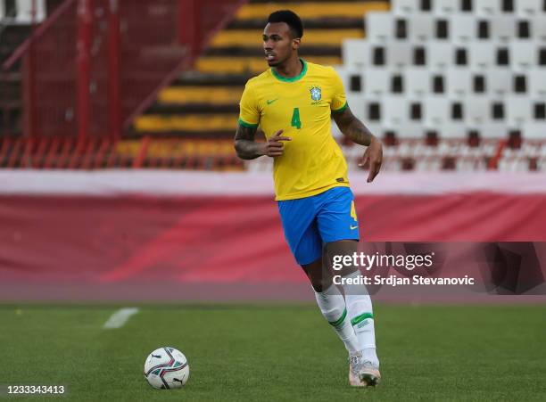 Gabriel Magalhaes of Brazil in action during the International football friendly match between Serbia U21 and Brazil U23 at stadium Rajko Mitic on...