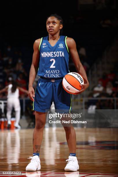 Crystal Dangerfield of the Minnesota Lynx looks on during the game against the Washington Mystics on June 8, 2021 at Entertainment & Sports Arena in...