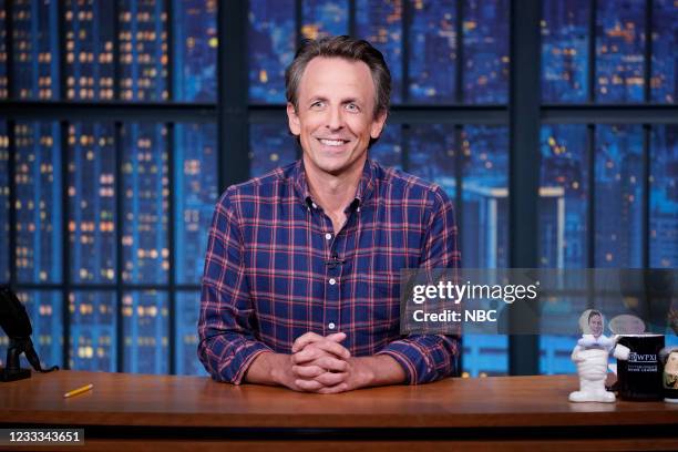 Episode 1156A -- Pictured: Host Seth Meyers during the monologue on June 8, 2021 --