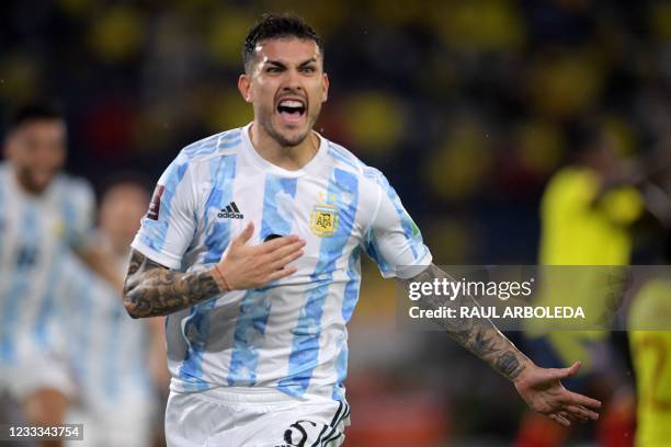 Argentina's Leandro Paredes celebrates after scoring against Colombia during their South American qualification football match for the FIFA World Cup...