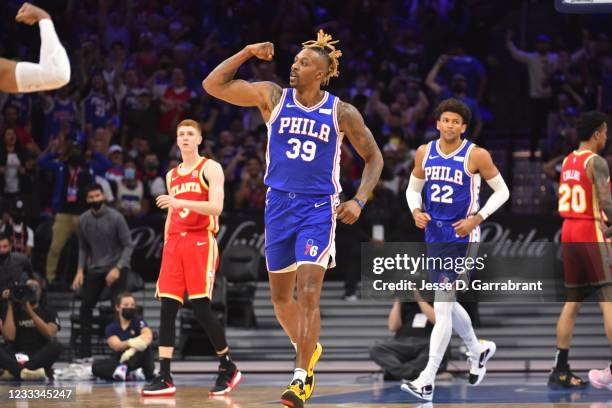 Dwight Howard of the Philadelphia 76ers reacts during a game against the Atlanta Hawks during Round 2, Game 2 of the Eastern Conference Playoffs on...