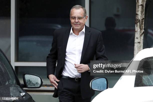 President Mark Korda of the Collingwood Magpies departs after a press conference announcing the resignation of senior coach Nathan Buckley at the...