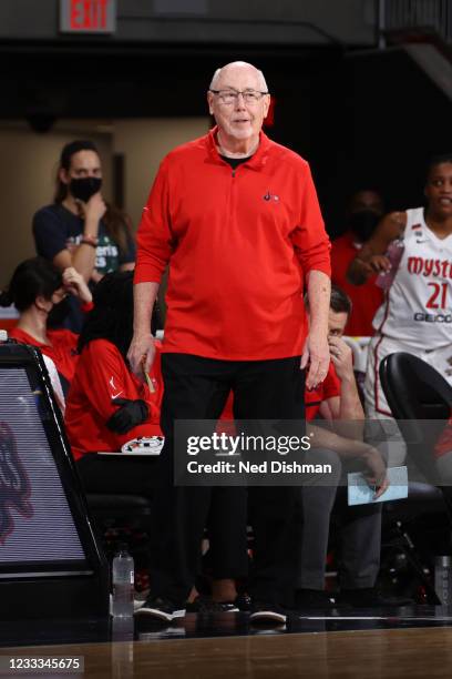 Head Coach, Mike Thibault of the Washington Mystics looks on during the game against the Minnesota Lynx on June 8, 2021 at Entertainment & Sports...