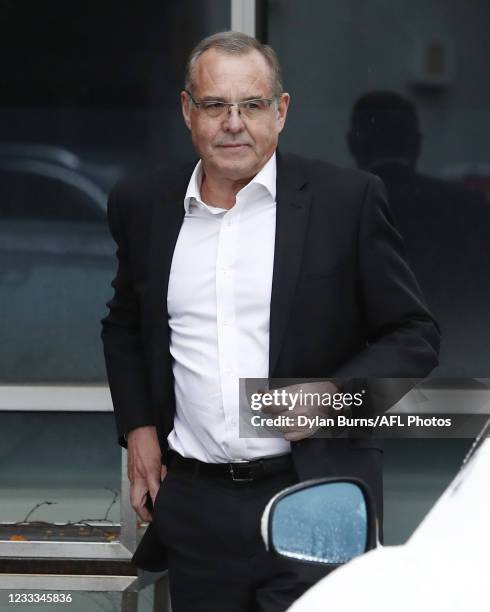 President Mark Korda of the Collingwood Magpies departs after a press conference announcing the resignation of senior coach Nathan Buckley at the...