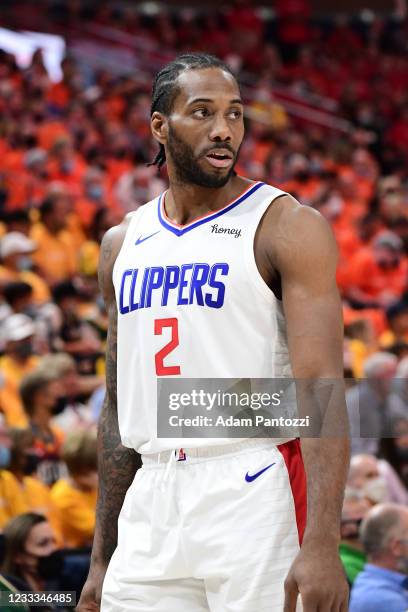 Kawhi Leonard of the LA Clippers looks on during Round 2, Game 1 of the 2021 NBA Playoffs on June 8, 2021 at vivint.SmartHome Arena in Salt Lake...