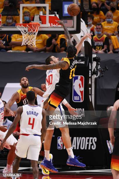 Ivica Zubac of the LA Clippers blocks Jordan Clarkson of the Utah Jazz during the game during Round 2, Game 1 of the 2021 NBA Playoffs on June 8,...
