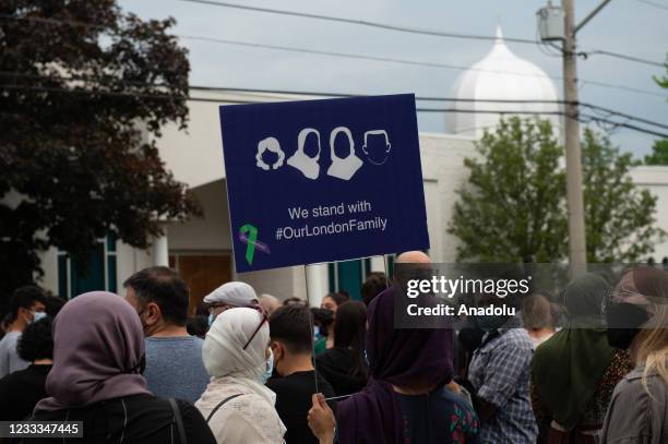 Mourners gather outside London, Ontario Mosqueafter a family of five was hit by a driver in London, Ontario, Canada on June 08, 2021. Four of the...