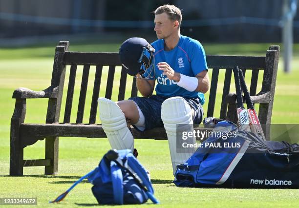 England's Joe Root attends a training session at Edgbaston Cricket Ground in Birmingham, central England on June 10, 2021 ahead of the second Test...