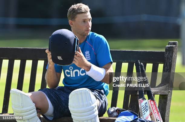 England's Joe Root attends a training session at Edgbaston Cricket Ground in Birmingham, central England on June 10, 2021 ahead of the second Test...