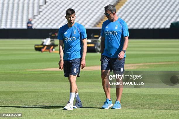 England's Mark Wood attends a training session at Edgbaston Cricket Ground in Birmingham, central England on June 10, 2021 ahead of the second Test...