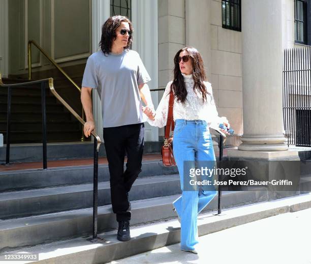 Anne Hathaway and Jared Leto are seen at the film set of the 'WeCrashed' TV Series on June 08, 2021 in New York City.
