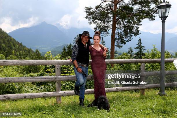 Christine Neubauer and Jose Campos pose during the 3rd season "Watzmann ermittelt" photocall for "Die verkaufte Braut" on June 8, 2021 at...