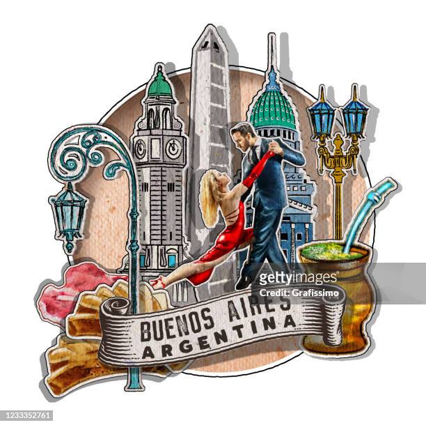 ilustrações, clipart, desenhos animados e ícones de buenos aires argentina com importantes edifícios e símbolos - obelisco de buenos aires