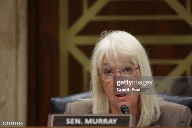 Chairman Patty Murray, makes her opening statement before testimony by Xavier Becerra, Secretary of the Department of Health and Human Services ,...