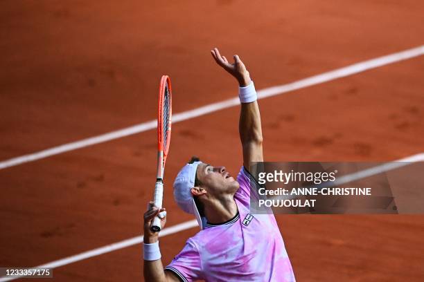 Argentina's Diego Schwartzman serves the ball to Spain's Rafael Nadal during their men's singles quarter-final tennis match on Day 11 of The Roland...