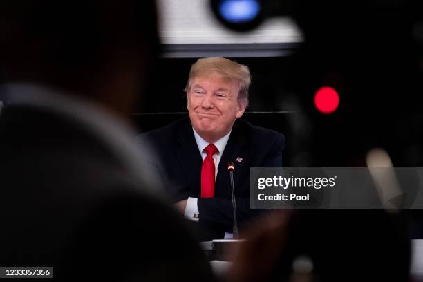 President Donald Trump speaks during a meeting with industry executives on the reopening of the U.S. Economy in the State Dining Room May 29, 2020 in...