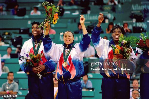 Dawn Staley of the USA Women's National Team celebrates against Brazil during the Gold Medal Game of the 1996 Summer Olympics at the Georgia Dome on...