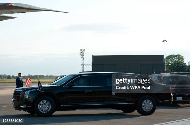 The motorcade of US President Joe Biden and First Lady Jill Biden as they arrive at RAF Mildenhall in Suffolk, ahead of the G7 summit in Cornwall, on...