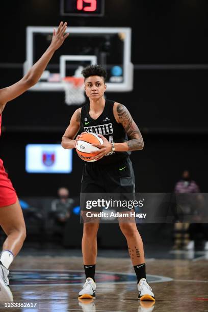 Candice Dupree of the Seattle Storm handles the ball during the game against the Atlanta Dream on June 9, 2021 at Gateway Center Arena in College...