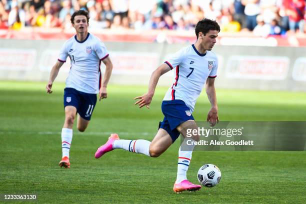 Gio Reyna of the United States controls the ball during a game against Costa Rica at Rio Tinto Stadium on June 09, 2021 in Sandy, Utah.