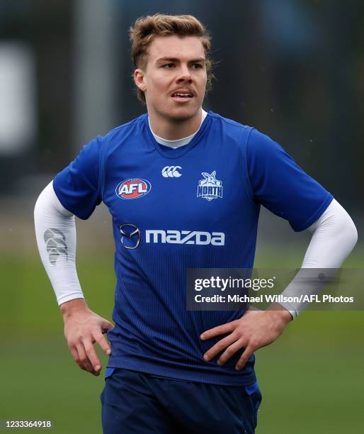 Cameron Zurhaar looks on during the North Melbourne Kangaroos training session at Arden Street on June 10, 2021 in Melbourne, Australia.