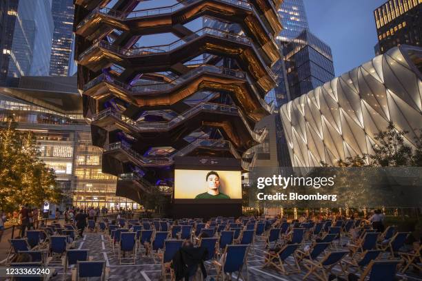 Movie goers watch a screening of "In the Heights" at the Tribeca Film Festival in the Hudson Yards neighborhood of New York, U.S., on Wednesday, June...