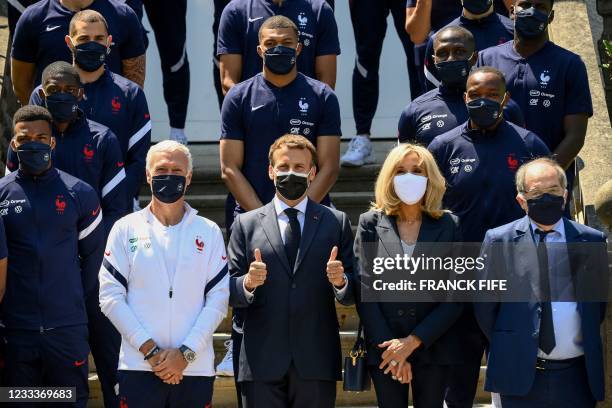 France's coach Didier Deschamps , French President Emmanuel Macron , his wife Brigitte Macron and French Football Federation president Noel Le Graet...