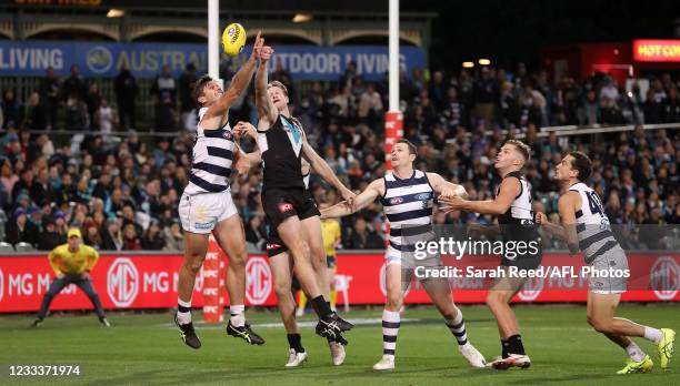 Tom Hawkins of the Cats and Tom Jonas of the Power contest the ball while Patrick Dangerfield of the Cats, Dan Houston of the Power and Luke Dahlhaus...