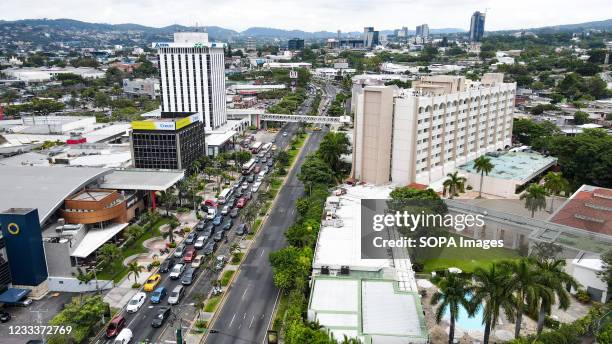 Aerial view of the commercial district in San Salvador. El Salvador's Congress approved Bitcoin as a legal tender, meanwhile, President Nayib Bukele...