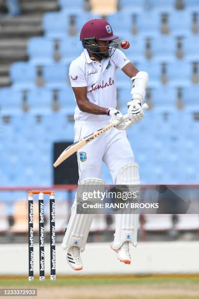 Kraigg Brathwaite of West Indies takes evasive action during day 1 of the 1st Test between South Africa and West Indies at Darren Sammy Cricket...