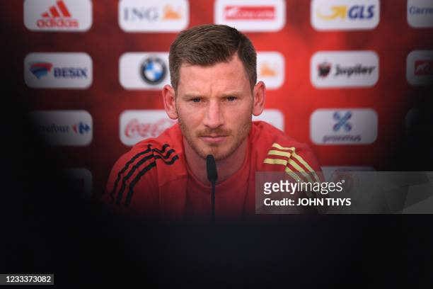 Belgium's defender Jan Vertonghen holds a press conference at the team's base camp at the Belgian National Football Centre in Tubize on June 10, 2021...