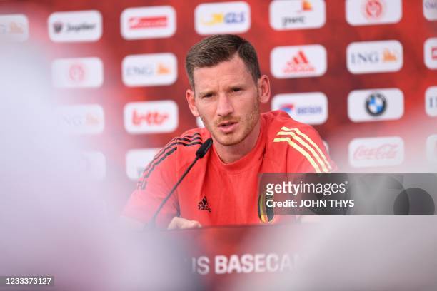 Belgium's defender Jan Vertonghen holds a press conference at the team's base camp at the Belgian National Football Centre in Tubize on June 10, 2021...