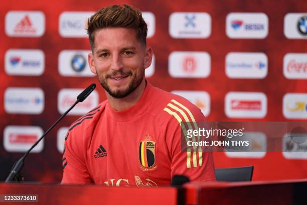 Belgium's forward Dries Mertens holds a press conference at the team's base camp at the Belgian National Football Centre in Tubize on June 10, 2021...