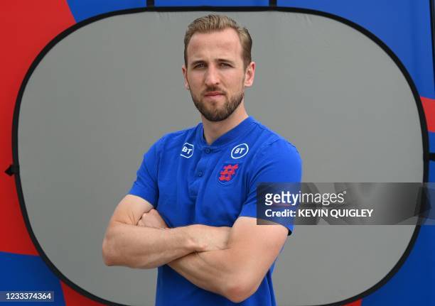 England's forward Harry Kane poses for a photograph at St George's Park in Burton-upon-Trent, central England, on June 10 ahead of the UEFA EURO 2020...