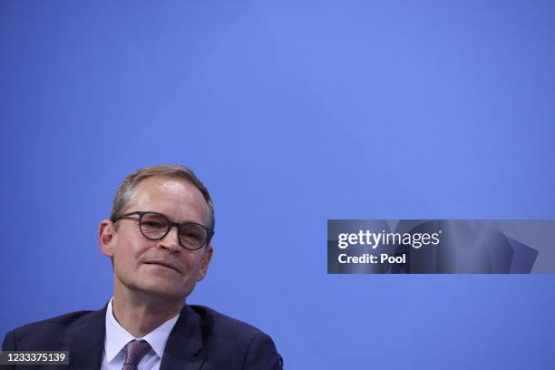Berlin mayor Michael Müller attends a joint press conference with Chancellor of Germany Angela Merkel and Bavaria's State Premier Markus Soeder after...