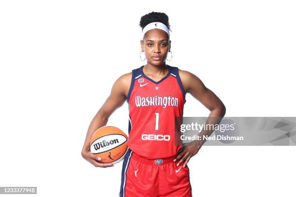 Kiara Leslie of the Washington Mystics poses for a portrait during media day at the Entertainment and Sports Arena in St. Elizabeth's on June 9, 2021...