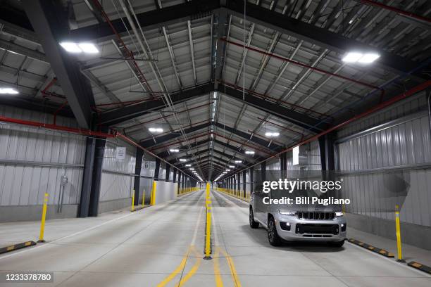Jeep Grand Cherokee L comes off the BSR 2,000-yard indoor test track at the Stellantis Detroit Assembly Complex-Mack on June 10, 2021 in Detroit,...