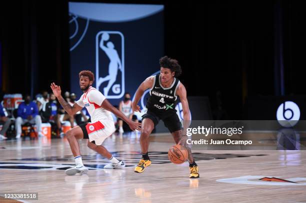 Jalen Green of Team Ignite handles the ball during the game against the Agua Caliente Clippers on March 3, 2021 at AdventHealth Arena in Orlando,...