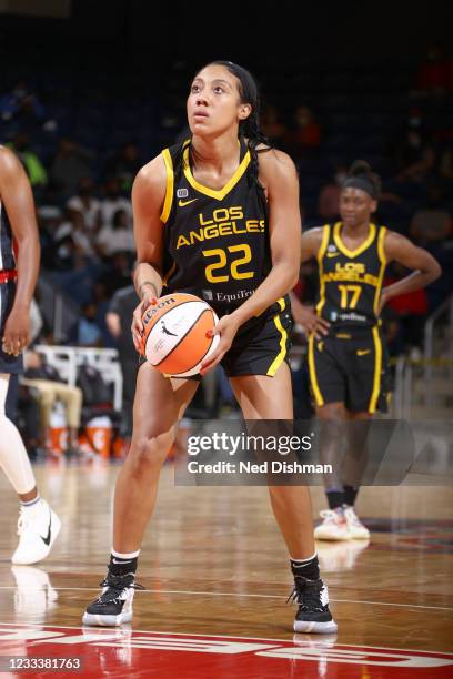 Arella Guirantes of the Los Angeles Sparks prepares to shoot a free throw against the Washington Mystics on June 10, 2021 at Entertainment & Sports...