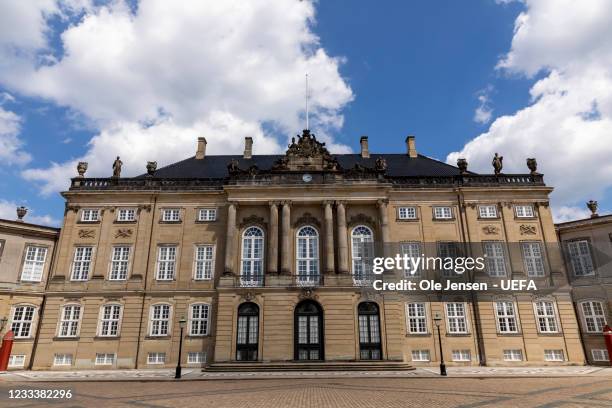 The Crown Prince couples palace at Amalienborg, seen on June 09, 2021 in Copenhagen, Denmark. The Palace one of 4 at the Palace square - is one of...