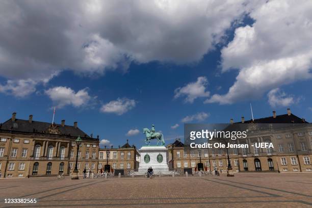 The Crown Prince couples palace at Amalienborg, seen on June 09, 2021 in Copenhagen, Denmark. The Palace one of 4 at the Palace square - is one of...