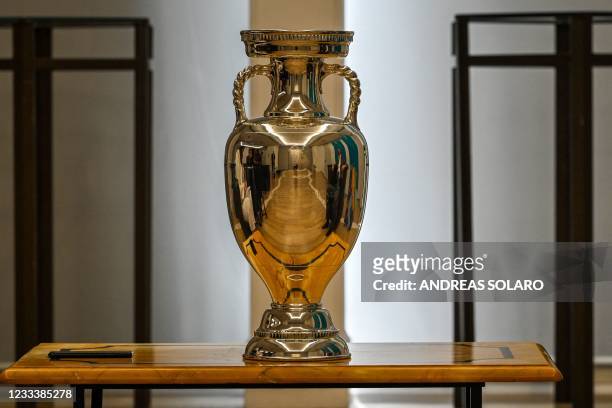 The EURO 2020 2021 European Football Championship trophy is pictured on June 11, 2021 in Rome, hours before the kick off of the competition at Rome's...