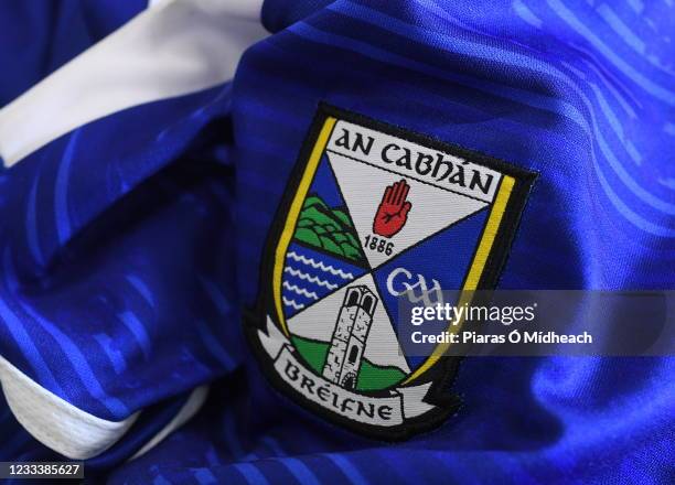 Cavan , Ireland - 17 May 2021; A detailed view of the Cavan crest on the jersey during a Cavan football squad portrait session at Kingspan Breffni in...