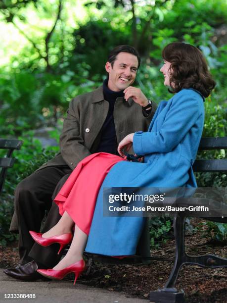 Rachel Brosnahan and Milo Ventimiglia are seen at the film set of 'The Marvelous Mrs Maisel' TV Series on June 10, 2021 in New York City.