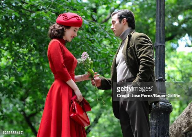 Rachel Brosnahan and Milo Ventimiglia are seen at the film set of 'The Marvelous Mrs Maisel' TV Series on June 10, 2021 in New York City.