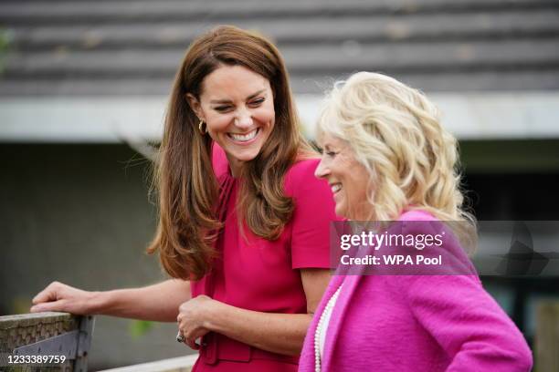 Catherine, Duchess of Cambridge and U.S. First Lady Dr Jill Biden during a visit to Connor Downs Academy, during the G7 summit in Cornwall on June...