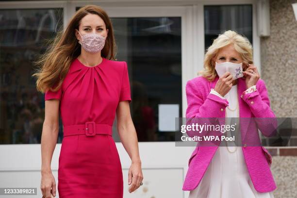 Catherine, Duchess of Cambridge and U.S. First Lady Dr Jill Biden during a visit to Connor Downs Academy, during the G7 summit in Cornwall on June...