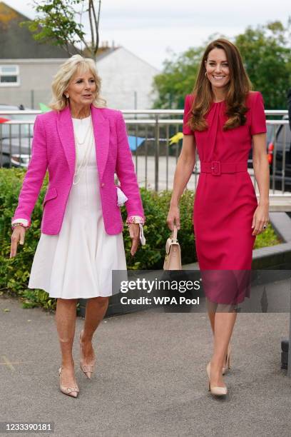Catherine, Duchess of Cambridge and U.S. First Lady Dr Jill Biden during a visit to Connor Downs Academy, during the G7 summit in Cornwall on June...
