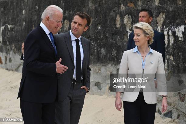 President Joe Biden, President of France, Emmanuel Macron and European Commission Ursula von der Leyen speak after posing for photos during the...