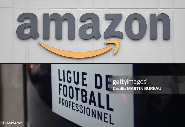 Combination of pictures made on June 11, 2021 shows the logo of US online retail giant Amazon at the distribution center in Staten Island on March...
